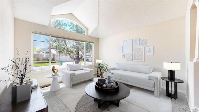 carpeted living room featuring lofted ceiling, baseboards, and a textured ceiling
