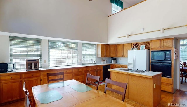 kitchen with dark hardwood / wood-style flooring, a towering ceiling, sink, black appliances, and a kitchen island