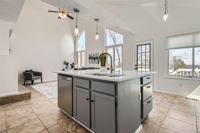 kitchen with a sink, gray cabinets, dishwasher, and a healthy amount of sunlight