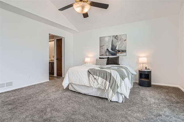 carpeted bedroom with visible vents, a ceiling fan, baseboards, and vaulted ceiling