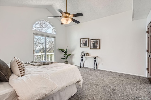 bedroom featuring a ceiling fan, a textured ceiling, baseboards, high vaulted ceiling, and carpet flooring