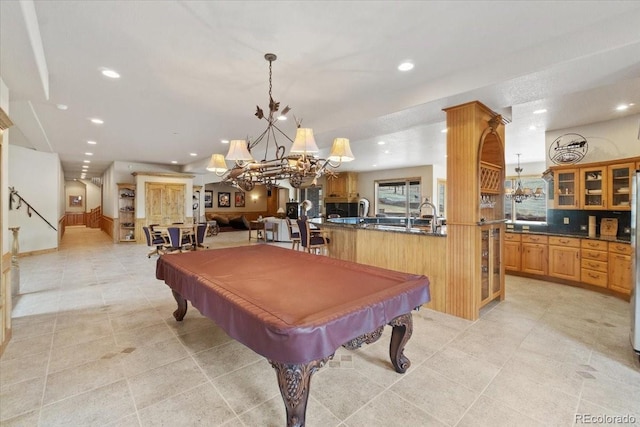5881 Deer Meadow Trl, Golden, CO 80403 - rec room with a chandelier, recessed lighting, billiards table, and light tile patterned floors