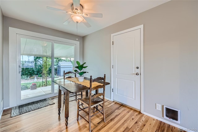 dining space with ceiling fan and light hardwood / wood-style floors