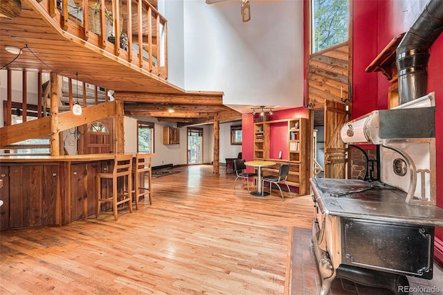 10419 Christopher Dr, Conifer, CO 80433 - interior space with a towering ceiling, wood finished floors, and a wood stove