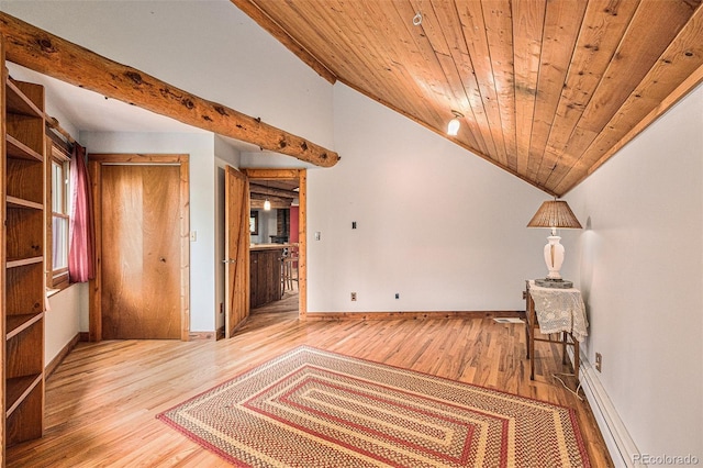 10419 Christopher Dr, Conifer, CO 80433 - empty room featuring lofted ceiling, light wood finished floors, baseboards, and wooden ceiling