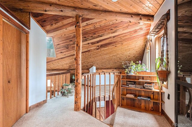 10419 Christopher Dr, Conifer, CO 80433 - corridor with carpet flooring, wood ceiling, an upstairs landing, healthy amount of natural light, and high vaulted ceiling