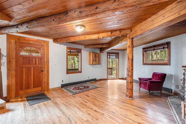 10419 Christopher Dr, Conifer, CO 80433 - entrance foyer featuring wood ceiling with exposed beams, wood finished floors, baseboards, and a baseboard radiator
