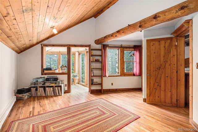 10419 Christopher Dr, Conifer, CO 80433 - office with baseboard heating, lofted ceiling, wood finished floors, and wooden ceiling