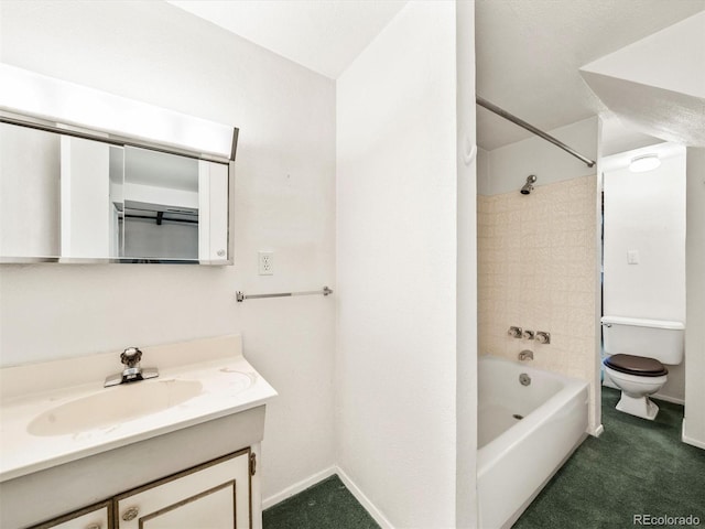 full bathroom with shower / bathing tub combination, toilet, vanity, and baseboards
