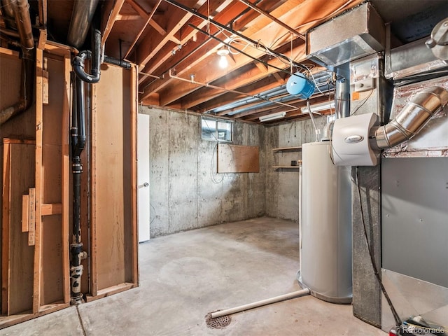below grade area featuring water heater and heating unit