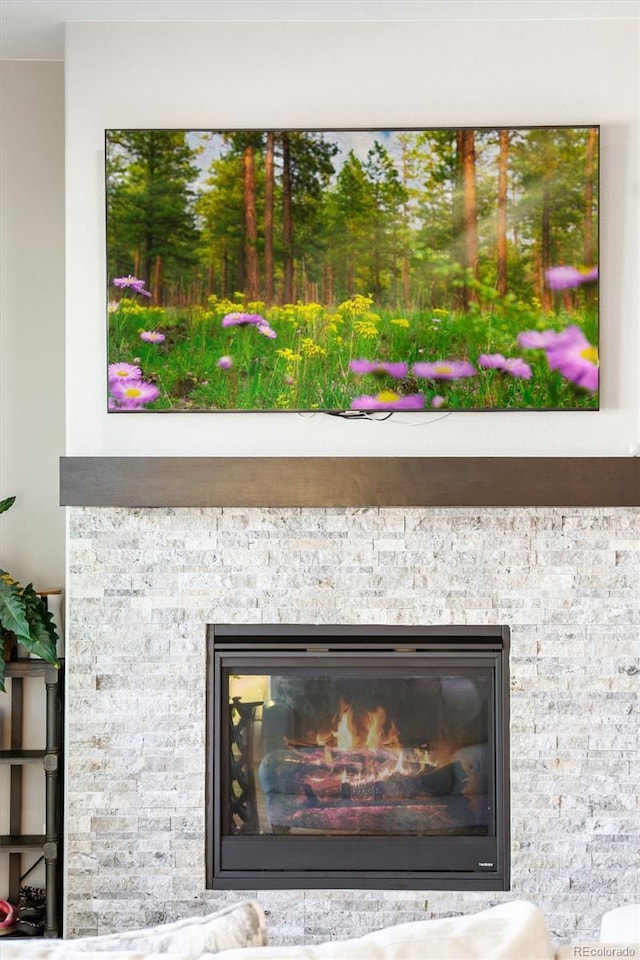 exterior details featuring a fireplace and stone siding