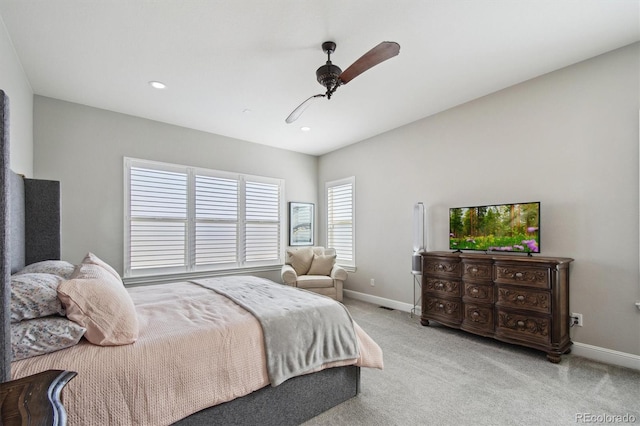 bedroom featuring carpet flooring, a ceiling fan, baseboards, and recessed lighting