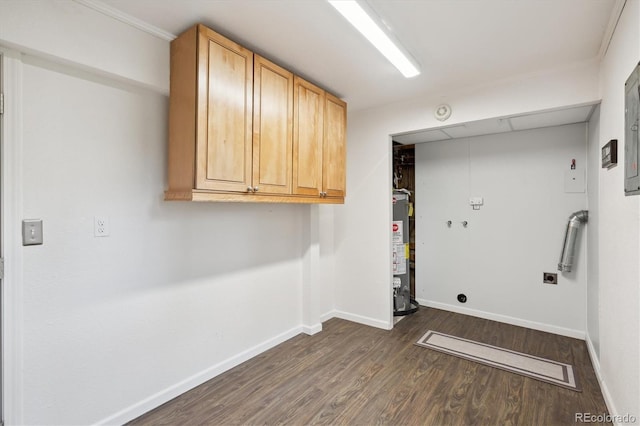 2843 S Otis St, Denver, CO 80227 - laundry room with cabinet space, water heater, hookup for an electric dryer, and dark wood finished floors