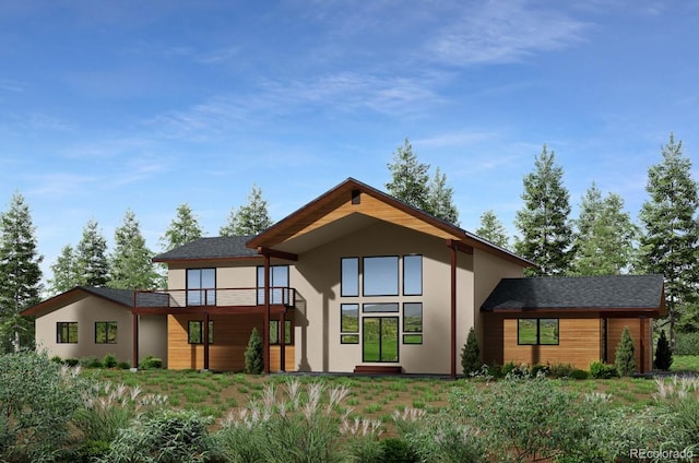 rear view of property featuring stucco siding and a balcony