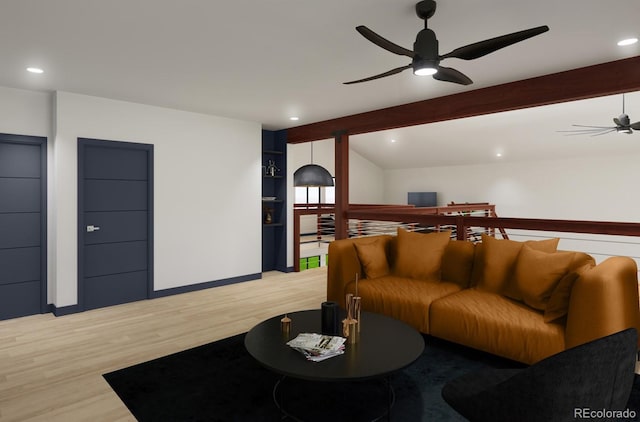living room with recessed lighting, a ceiling fan, and light wood finished floors