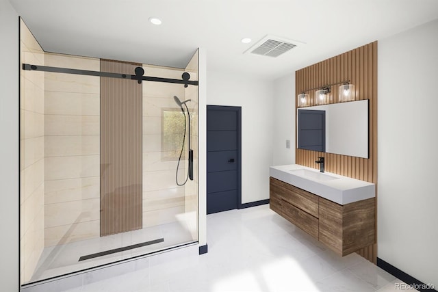 full bath featuring visible vents, recessed lighting, a stall shower, and vanity