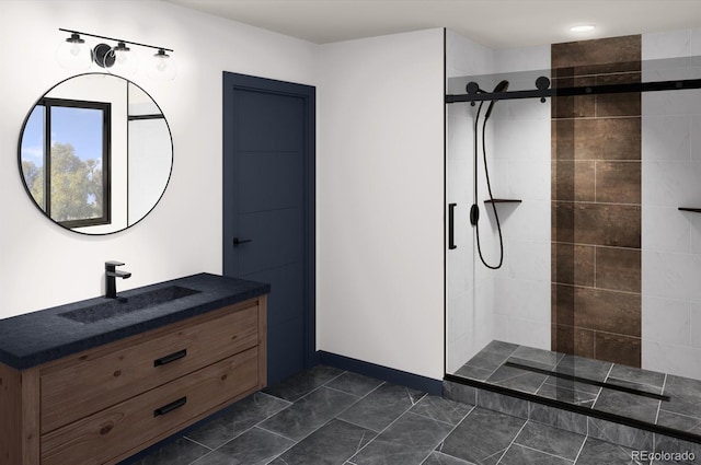full bathroom with tiled shower and vanity