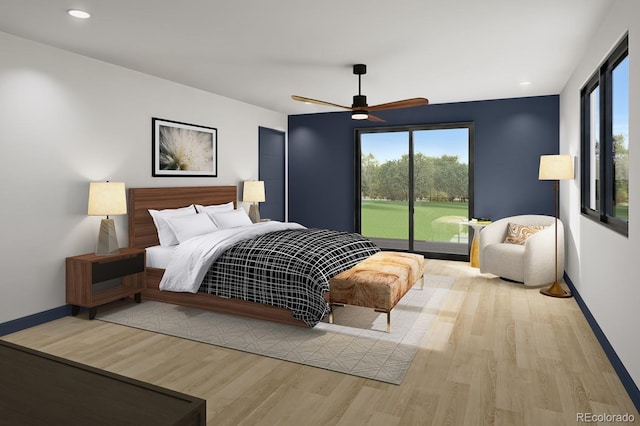 bedroom featuring access to outside, baseboards, wood finished floors, and multiple windows
