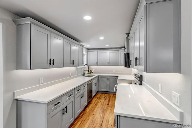 kitchen featuring light wood-style floors, gray cabinets, stainless steel appliances, and a sink