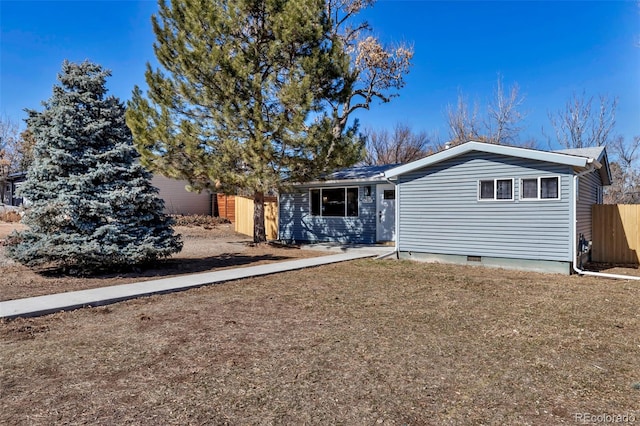 single story home with crawl space and fence