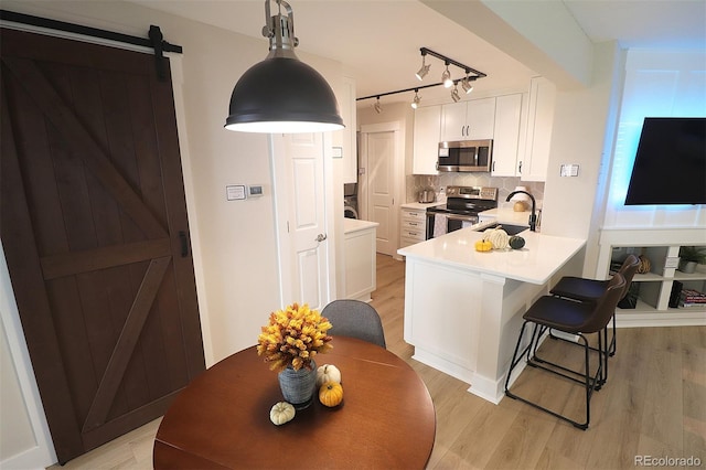 kitchen with pendant lighting, sink, a barn door, white cabinetry, and stainless steel appliances