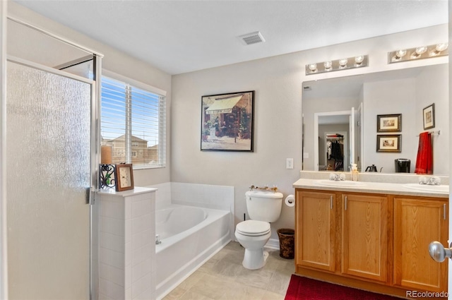 full bathroom featuring a sink, a stall shower, a bath, and visible vents