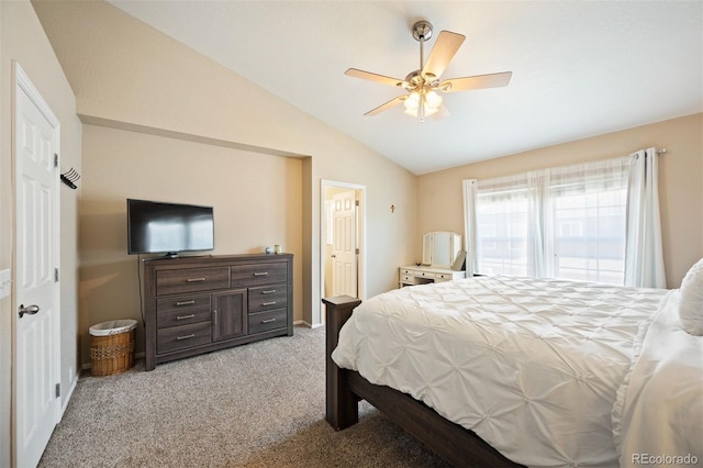 bedroom with light carpet, ceiling fan, and lofted ceiling