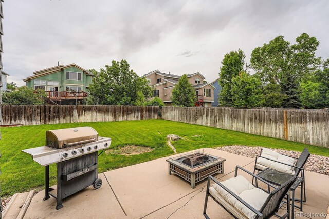 5136 S Ceylon St, Centennial, CO 80015 - fenced backyard featuring an outdoor fire pit, area for grilling, a patio, and a residential view