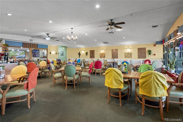dining area featuring a ceiling fan, a textured ceiling, recessed lighting, and carpet flooring