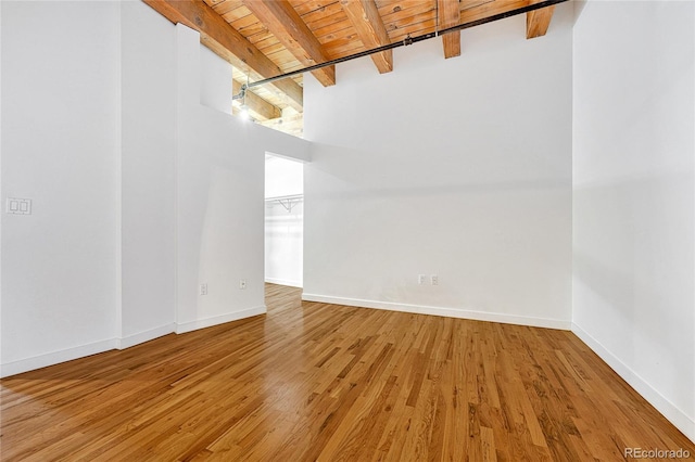 spare room featuring beamed ceiling, hardwood / wood-style floors, and wood ceiling