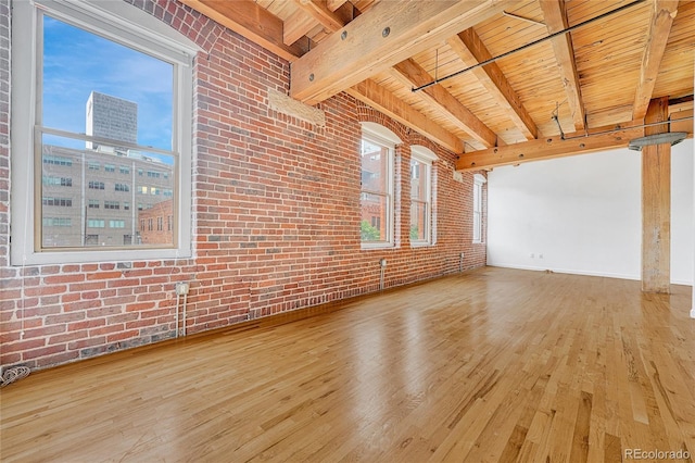 spare room featuring light wood-type flooring, wooden ceiling, and a healthy amount of sunlight