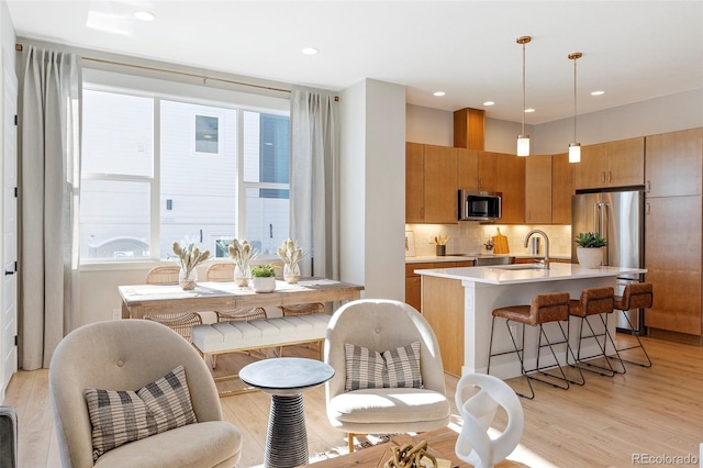 kitchen featuring appliances with stainless steel finishes, a healthy amount of sunlight, decorative light fixtures, and light wood-type flooring