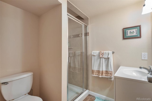 full bath featuring tile patterned floors, toilet, a stall shower, and vanity