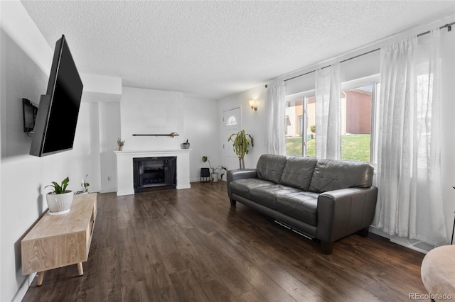 9044 E Nassau Ave, Denver, CO 80237 - living area with a textured ceiling, dark wood-type flooring, and a fireplace