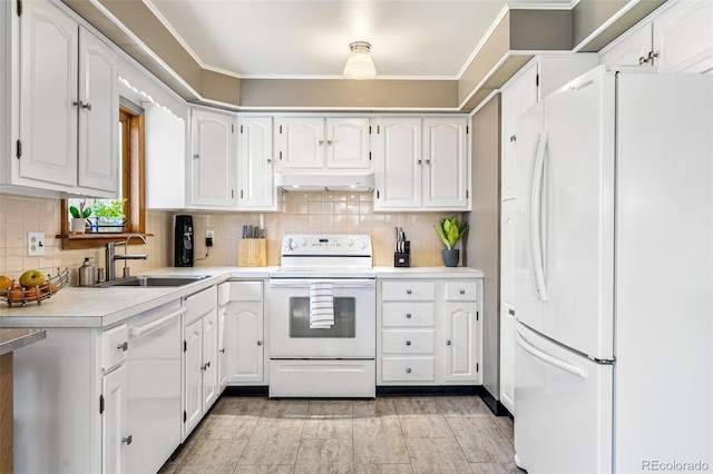 6267 S Josephine Way, Centennial, CO 80121 - kitchen featuring white appliances, under cabinet range hood, white cabinets, light countertops, and backsplash