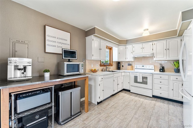 6267 S Josephine Way, Centennial, CO 80121 - kitchen featuring white appliances, under cabinet range hood, decorative backsplash, and white cabinets