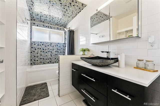 6267 S Josephine Way, Centennial, CO 80121 - full bath with tile walls, shower / bath combo, vanity, tile patterned flooring, and decorative backsplash
