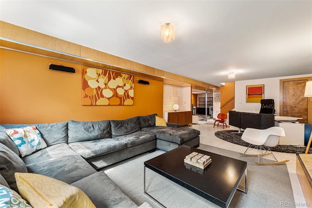 6267 S Josephine Way, Centennial, CO 80121 - living room featuring stairway and wood walls