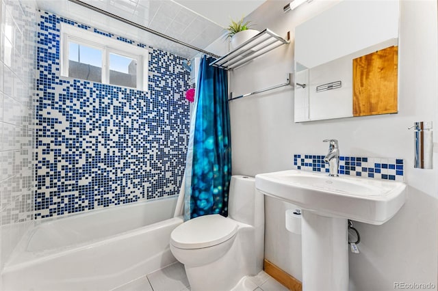 6267 S Josephine Way, Centennial, CO 80121 - bathroom with shower / tub combo with curtain, decorative backsplash, and tile patterned flooring