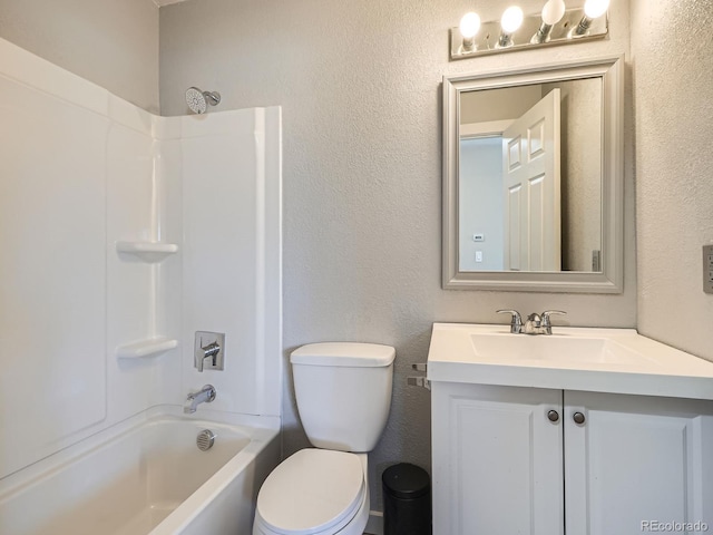 full bathroom with toilet, vanity, and shower / bath combination