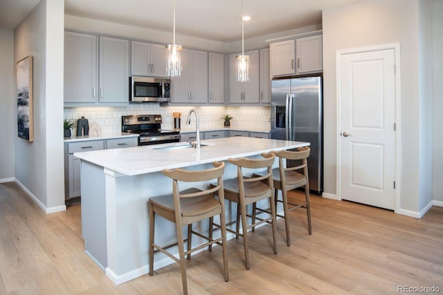 kitchen with stainless steel appliances, tasteful backsplash, sink, and a kitchen island with sink