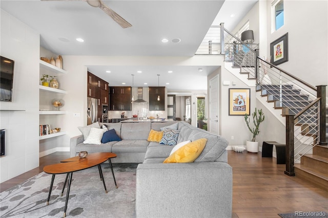 9154 E 37th Ave, Denver, CO 80238 - living area with stairs, wood finished floors, recessed lighting, and a ceiling fan