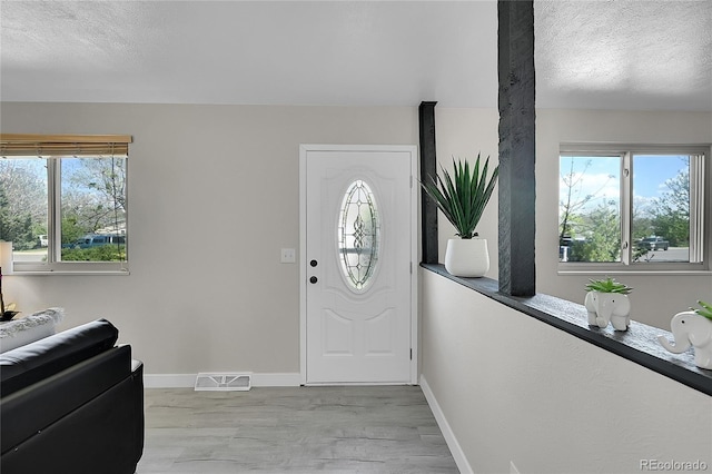 foyer featuring light wood-type flooring, baseboards, plenty of natural light, and a textured ceiling