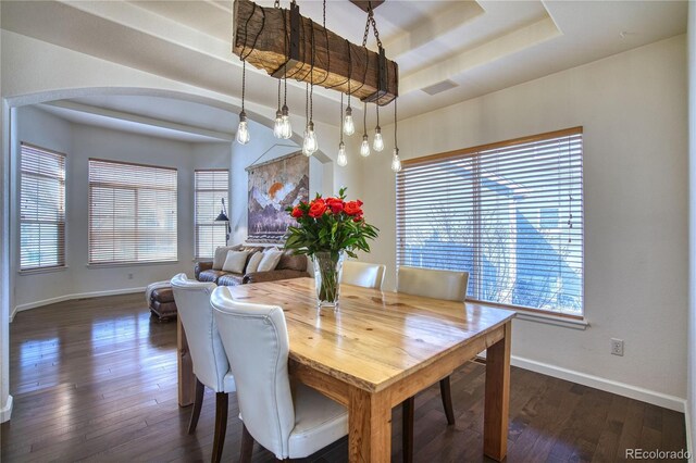 4142 S Deframe Ct, Morrison, CO 80465 - dining room featuring arched walkways, baseboards, and dark wood finished floors