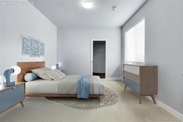 carpeted bedroom with a walk in closet and a closet