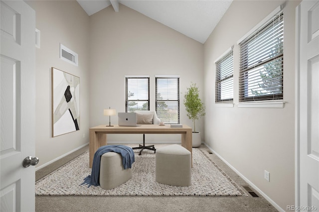 18 Brixham Ct, Castle Pines, CO 80108 - carpeted office space featuring baseboards, high vaulted ceiling, and beam ceiling