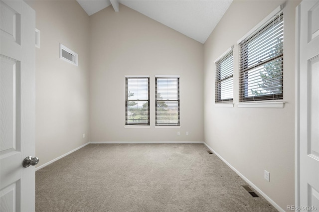 18 Brixham Ct, Castle Pines, CO 80108 - spare room featuring carpet floors, baseboards, beamed ceiling, and high vaulted ceiling