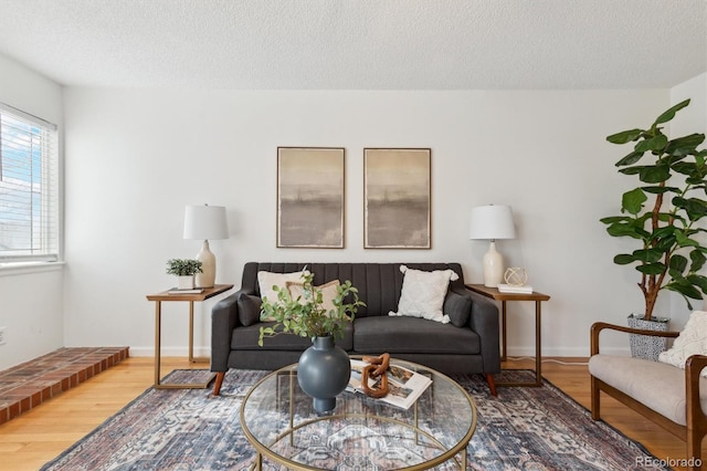 living room with a textured ceiling and wood finished floors