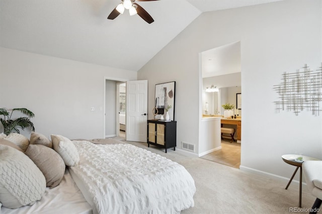 bedroom with carpet flooring, connected bathroom, high vaulted ceiling, baseboards, and visible vents