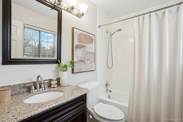 full bathroom with toilet, shower / bath combination with curtain, and vanity